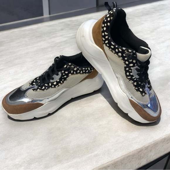 Women’s ALL BLACK Footwear brown suede, silver, and animal print sneaker - Picture 2 of 10